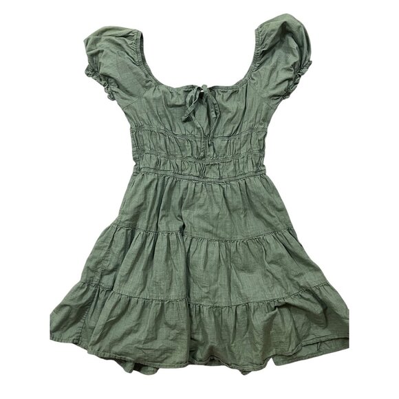 Womens Mini Babydoll Smock Dress Small Green Puffy Sleeve Ruffle Solid Milkmaid - Picture 2 of 7
